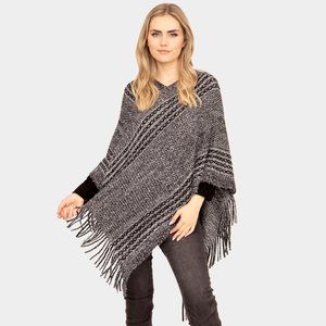 Black Striped Knit Tassel Poncho